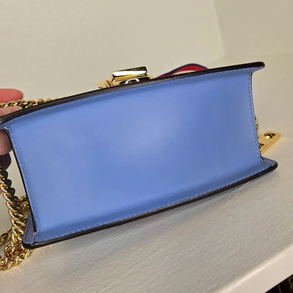 Gucci Sylvie Mini Flap Bag Blue with Ribbon & Chain Handbag Purse Crossbody - Picture 10 of 15